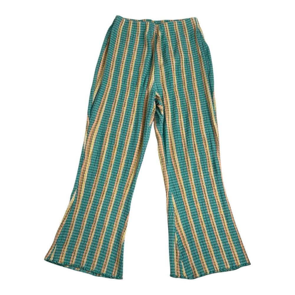 Free People Fine Line Slim Pants Medium Stripe Smocked Boho Retro Turquoise